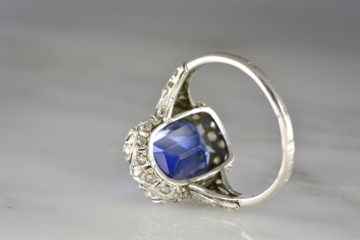 French Edwardian Platinum Ring with an Emerald/Scissor Cut Created Sapphire and .50 ctw Rose Cut Diamonds