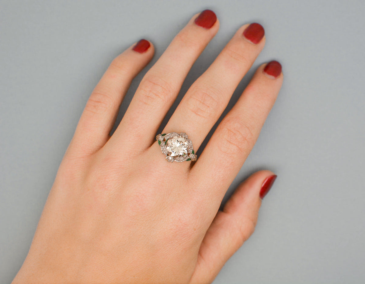 2.85 Carat Old European Cut Diamond (3.60 ctw) and Platinum Edwardian Engagement Ring; .50 ctw Single Cut Diamonds and .25 ctw Emeralds