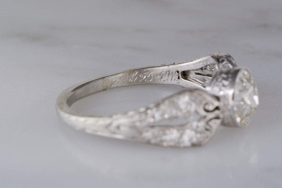Rare Marcus and Co. Antique Platinum Edwardian Engagement Ring with GIA Certified 1.16 Carat Old European Cut DiamondCenter R860