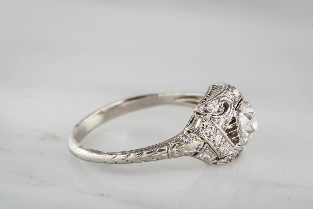 High Edwardian Platinum Engagement Ring with Old European Cut Diamond Center