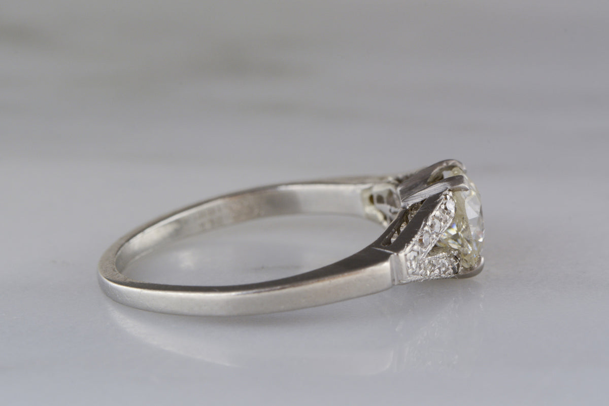 .80 Carat Transitional Old Mine / Old European Cut Diamond in Edwardian / Art Deco Split Shank Platinum Engagement Ring with .15 ctw Diamond Accents