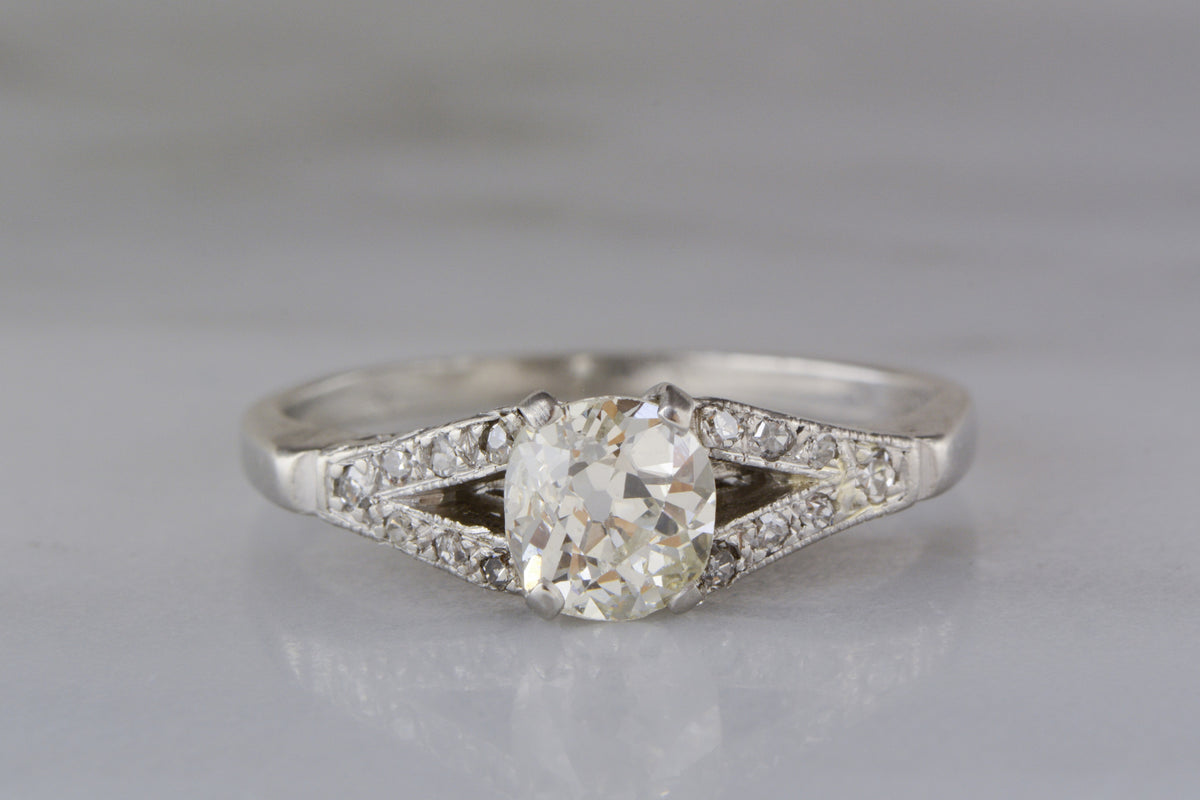 .80 Carat Transitional Old Mine / Old European Cut Diamond in Edwardian / Art Deco Split Shank Platinum Engagement Ring with .15 ctw Diamond Accents