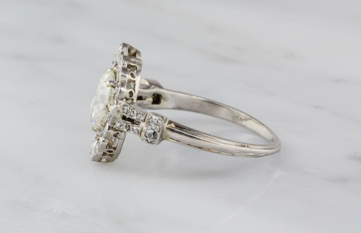 1.40 Carat Old European Cut Diamond in Antique Art Deco Platinum Engagement Ring with .60 ctw Old European and Single Cut Diamond Halo