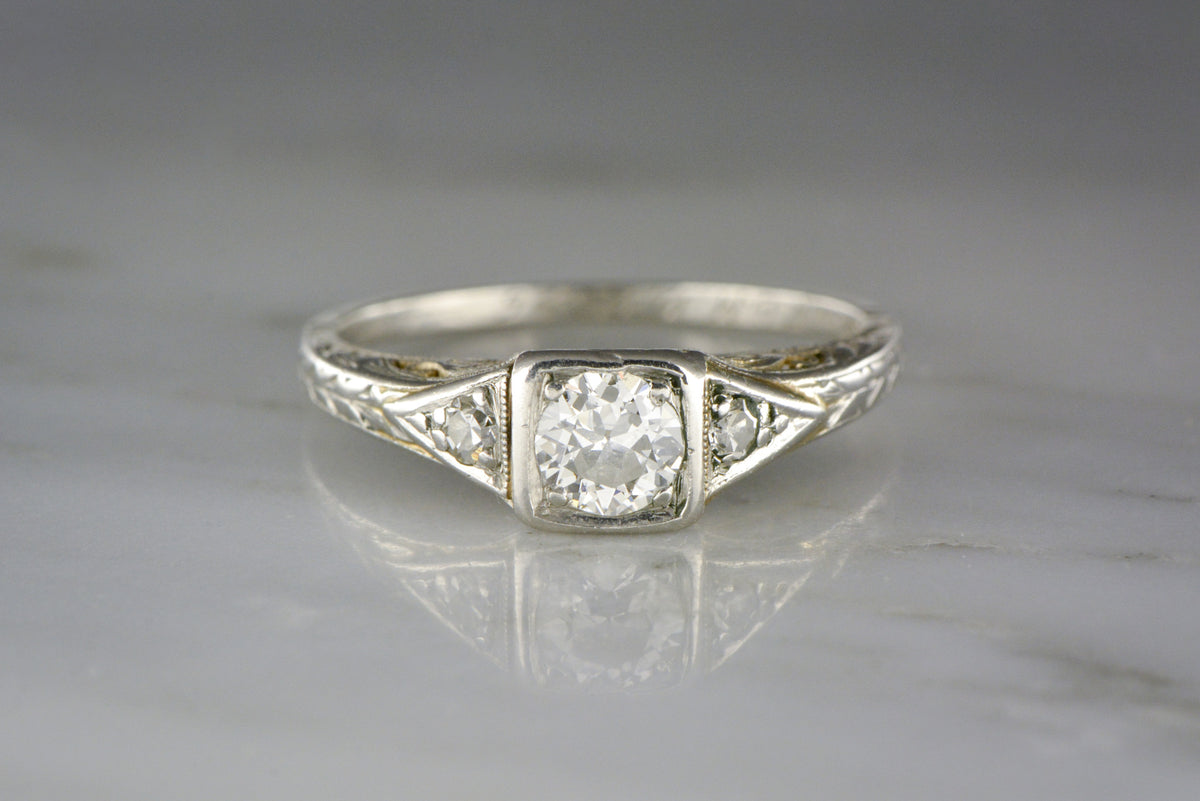 .50 Carat Old European Cut Diamond in Platinum Edwardian, Early Art Deco Engagement Ring with Diamond Accents and Ornate Filigree
