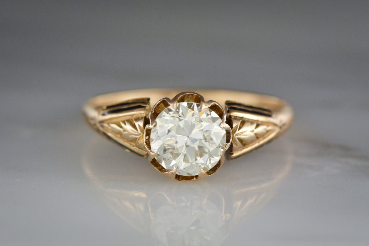 .90 Carat Old European Cut Diamond in 18K Rose Gold Victorian Engagement Ring with Black Enamel and a Buttercup Setting