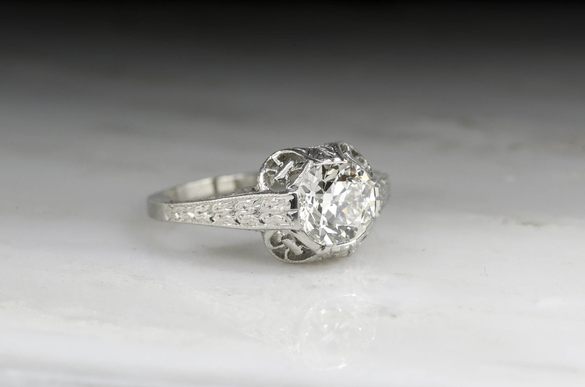 Edwardian Engagement Ring with Ornate Filigree and Engraving
