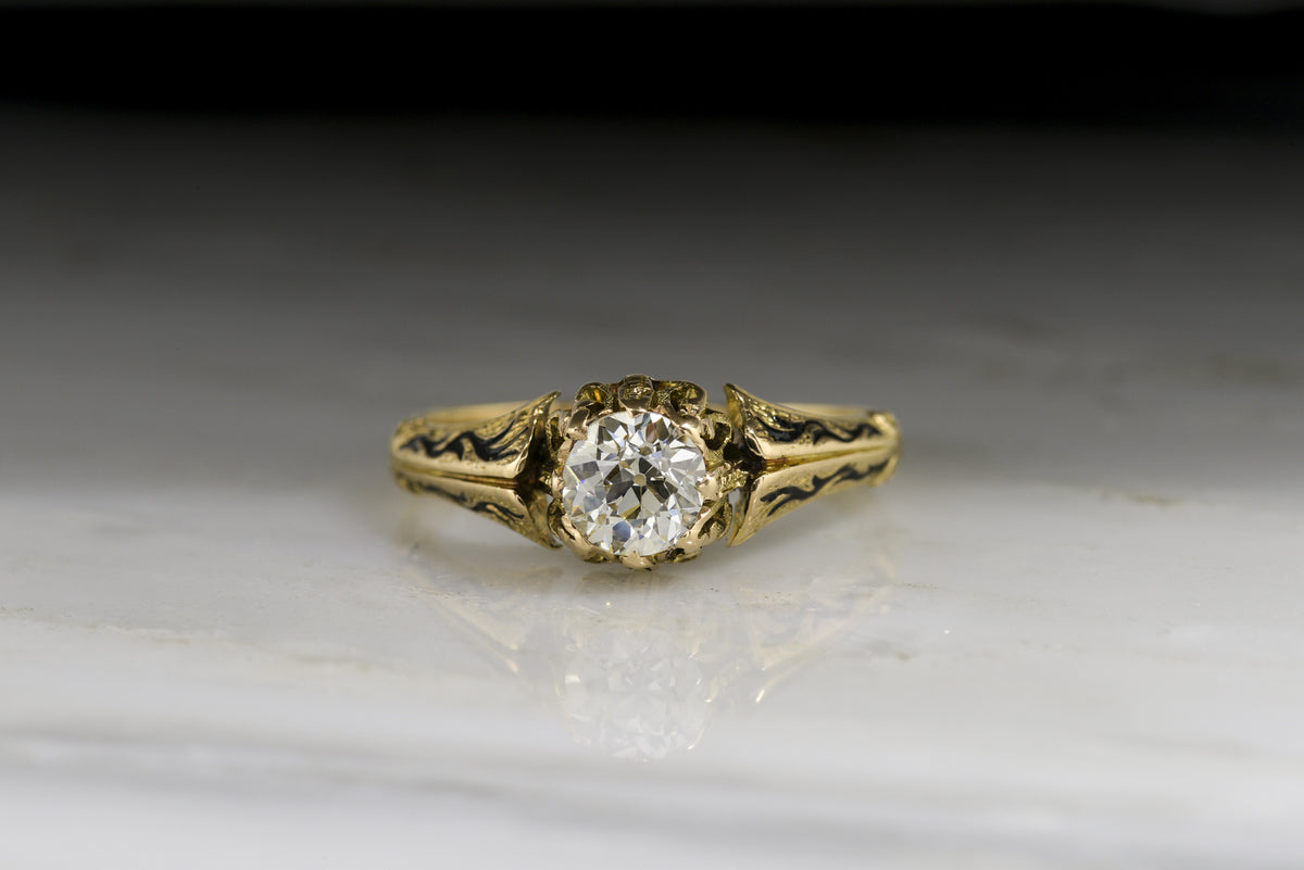 Antique Victorian / Art Nouveau Old European Cut Diamond Engagement Ring with Black Enamel