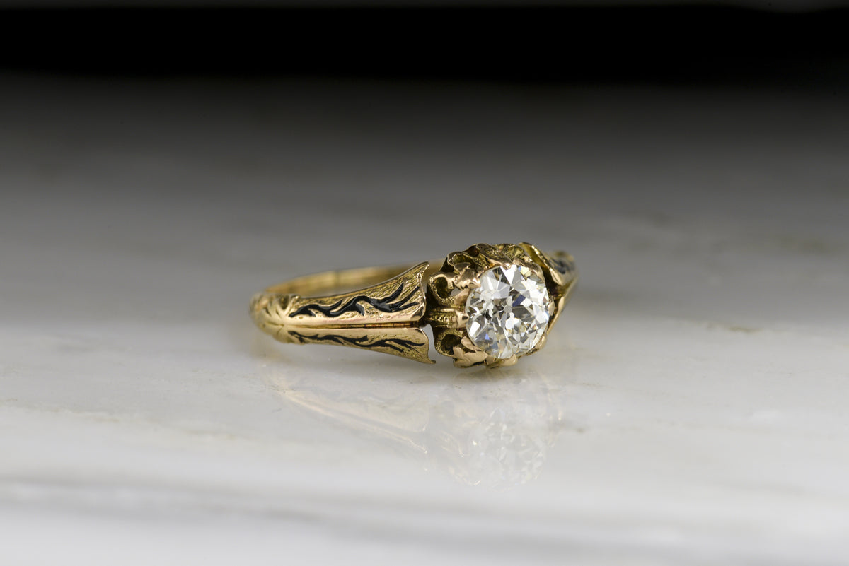 Antique Victorian / Art Nouveau Old European Cut Diamond Engagement Ring with Black Enamel