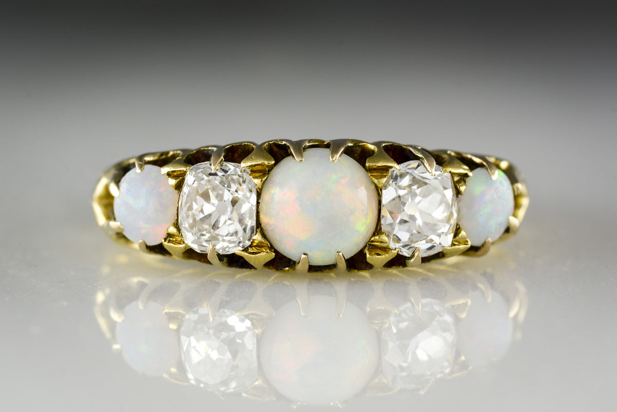 Antique Victorian Opal and Old Mine Cushion Cut Diamond Ring in 18K Gold