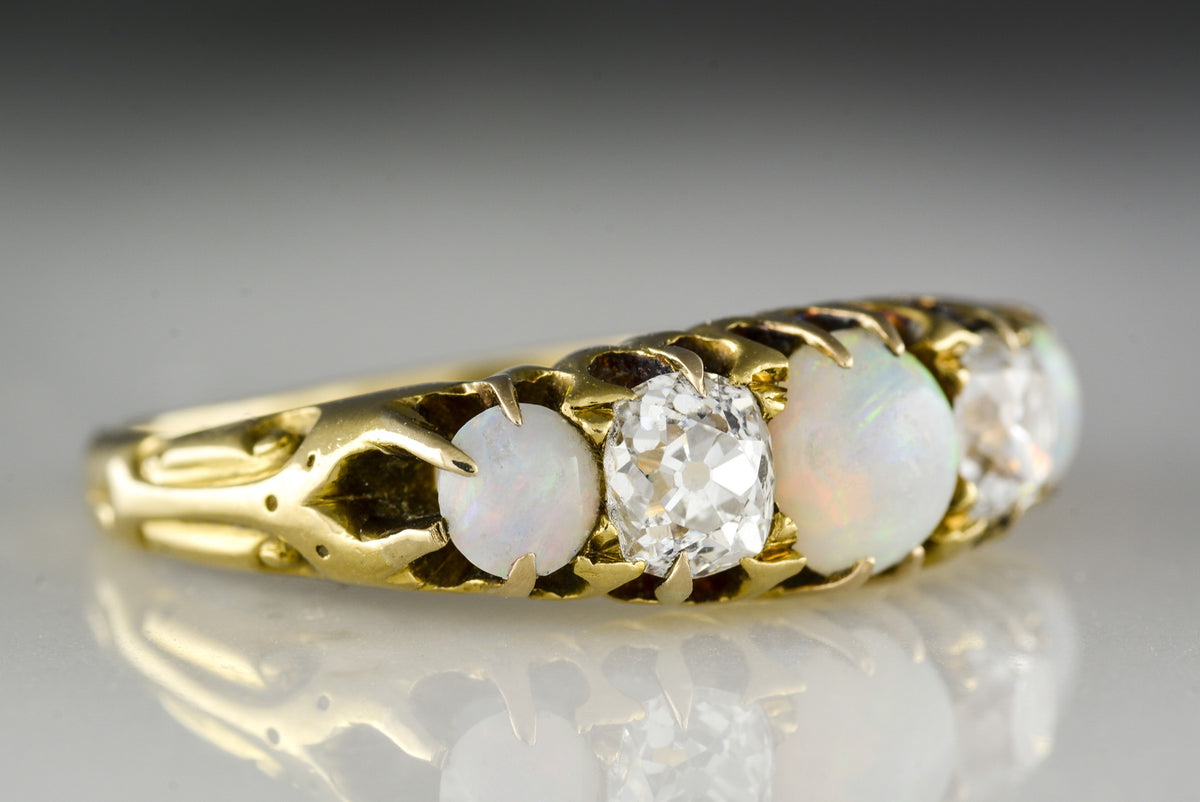 Antique Victorian Opal and Old Mine Cushion Cut Diamond Ring in 18K Gold