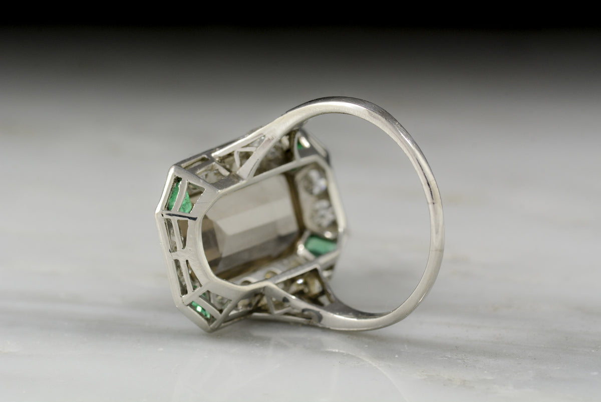 Antique Art Deco Smokey Topaz, Diamond, and Emerald Cocktail Ring