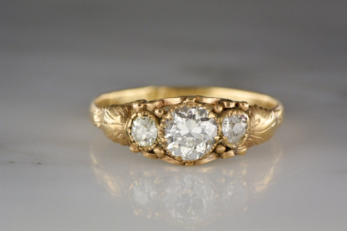 .73 Carat Old European Cut Diamond in Gold Art Nouveau, Victorian 18K Rose-Yellow Engagement or Anniversary Ring with Old Mine Cut Diamond Accents (.98 ctw)