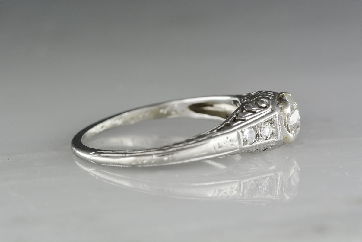 Antique Late-Edwardian / Early Art Deco 18K White Gold Engagement Ring with .55 Carat Old European Cut Diamond Center