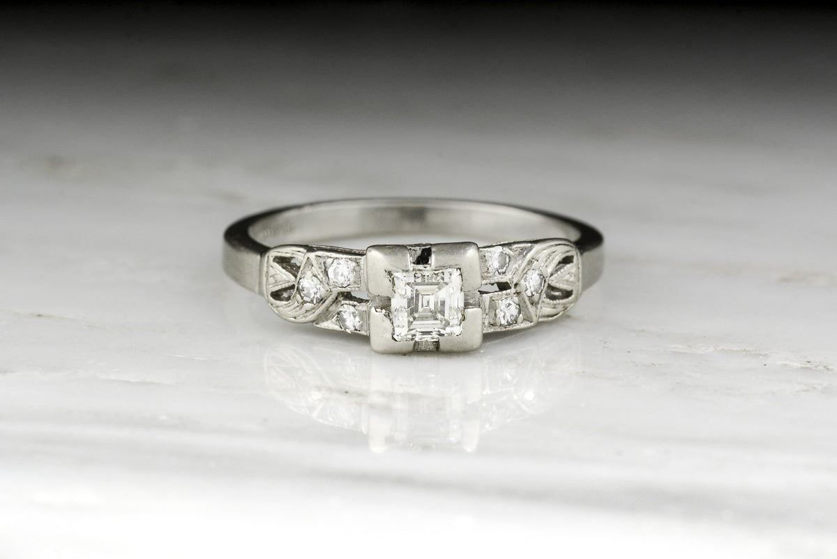 Vintage Art Deco Asscher Cut Diamond Engagement Ring 