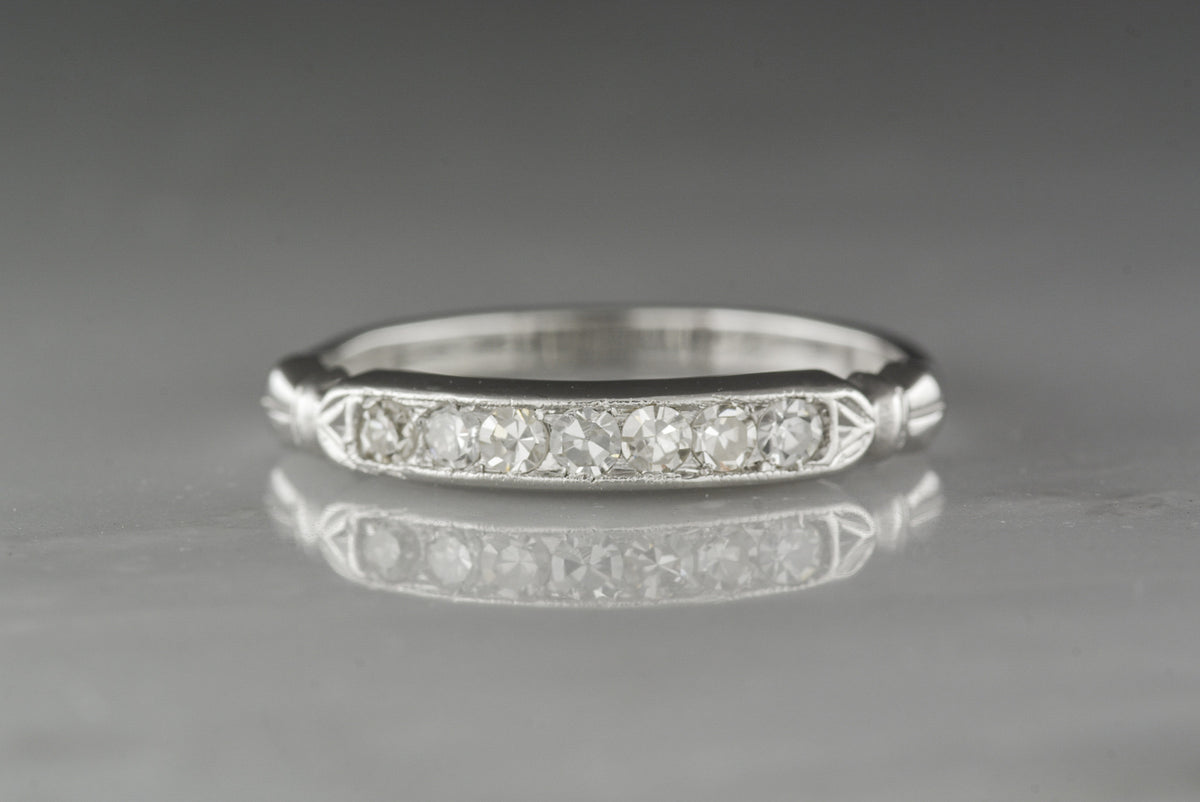 Vintage c. 1930s Art Deco/Retro White Gold and Single Cut Diamond Wedding Band; Stacking Ring