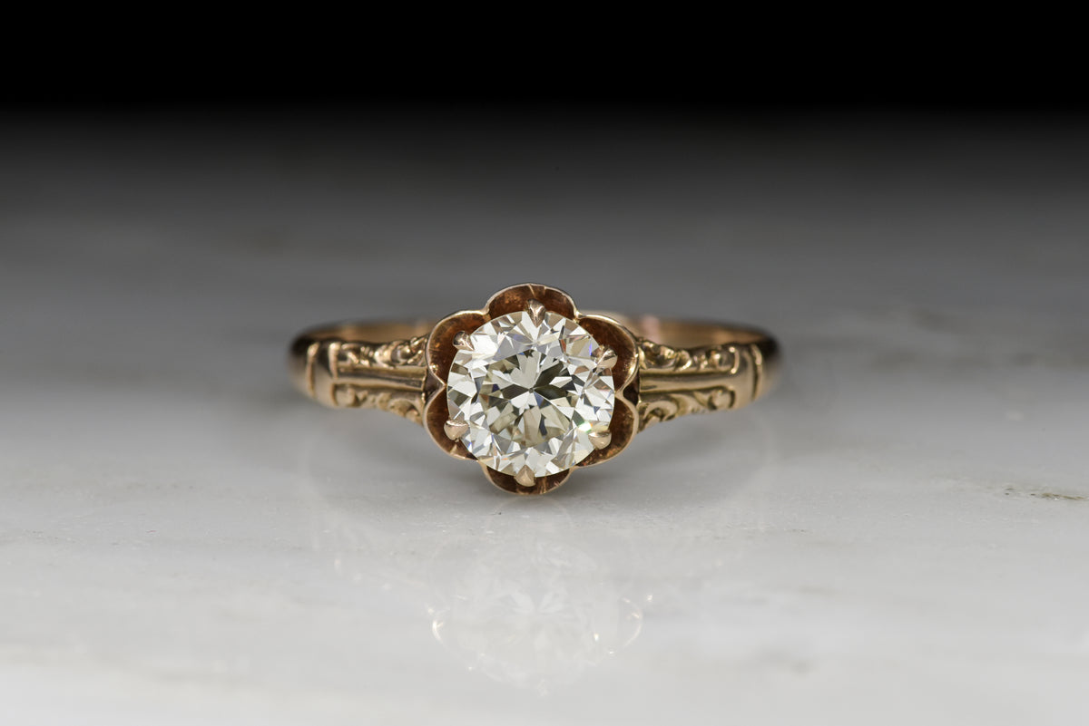 Victorian Engagement Ring with a 1.25 Carat Old European Cut Diamond in a Rose Gold Buttercup Setting
