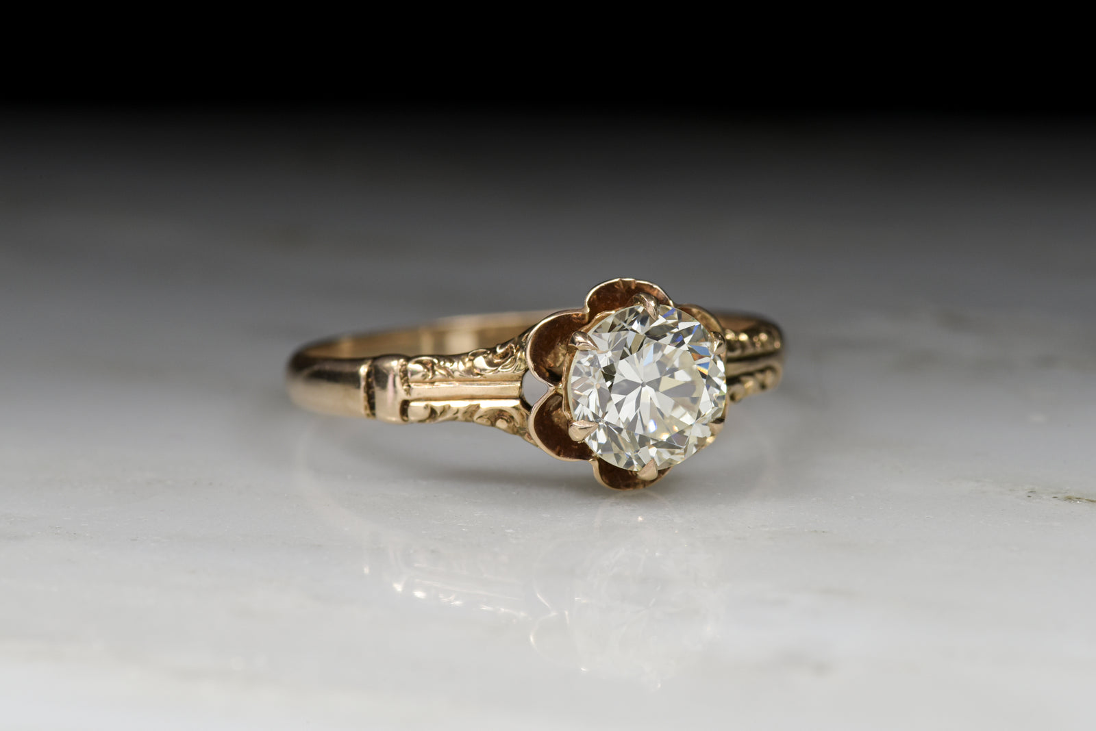 Victorian Engagement Ring with a 1.25 Carat Old European Cut Diamond in a Rose Gold Buttercup Setting