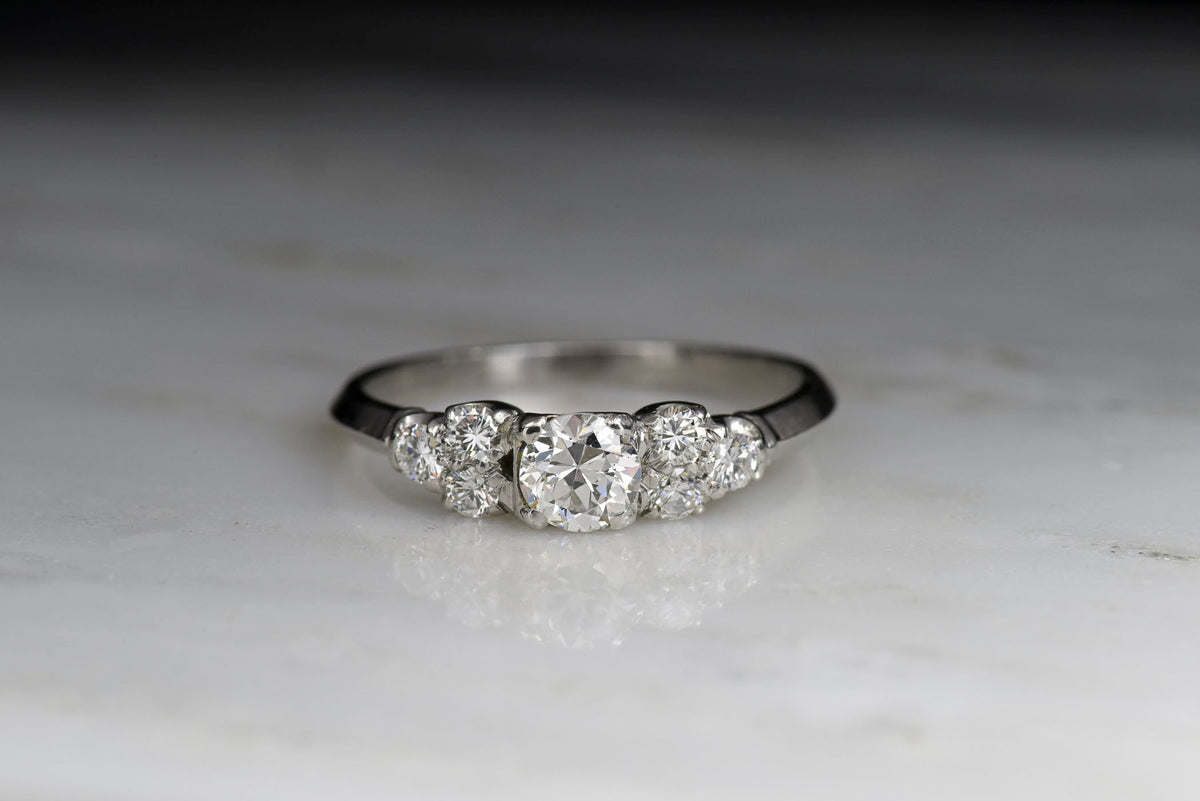 Art Deco / Retro Engagement Ring or Stacking Ring with a Transitional Cut Diamond Center and Round Brilliant Cut Diamond Accents