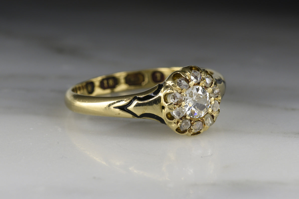 Antique British 1868 Victorian Rose-Yellow Gold and Diamond Engagement Ring with an Old Mine Cut Diamond Center