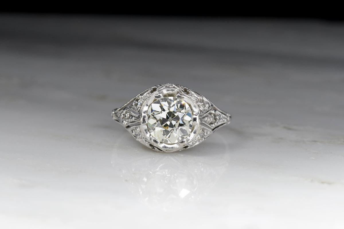 GIA Certified 1.42 Carat Old European Cut Diamond in a 1910s Edwardian Engagement Ring