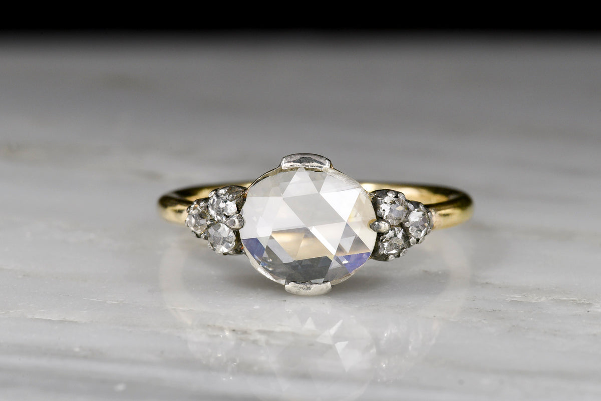 c. Mid-Late 1800s Victorian East-West Oval Rose Cut Diamond Ring in Gold and Silver