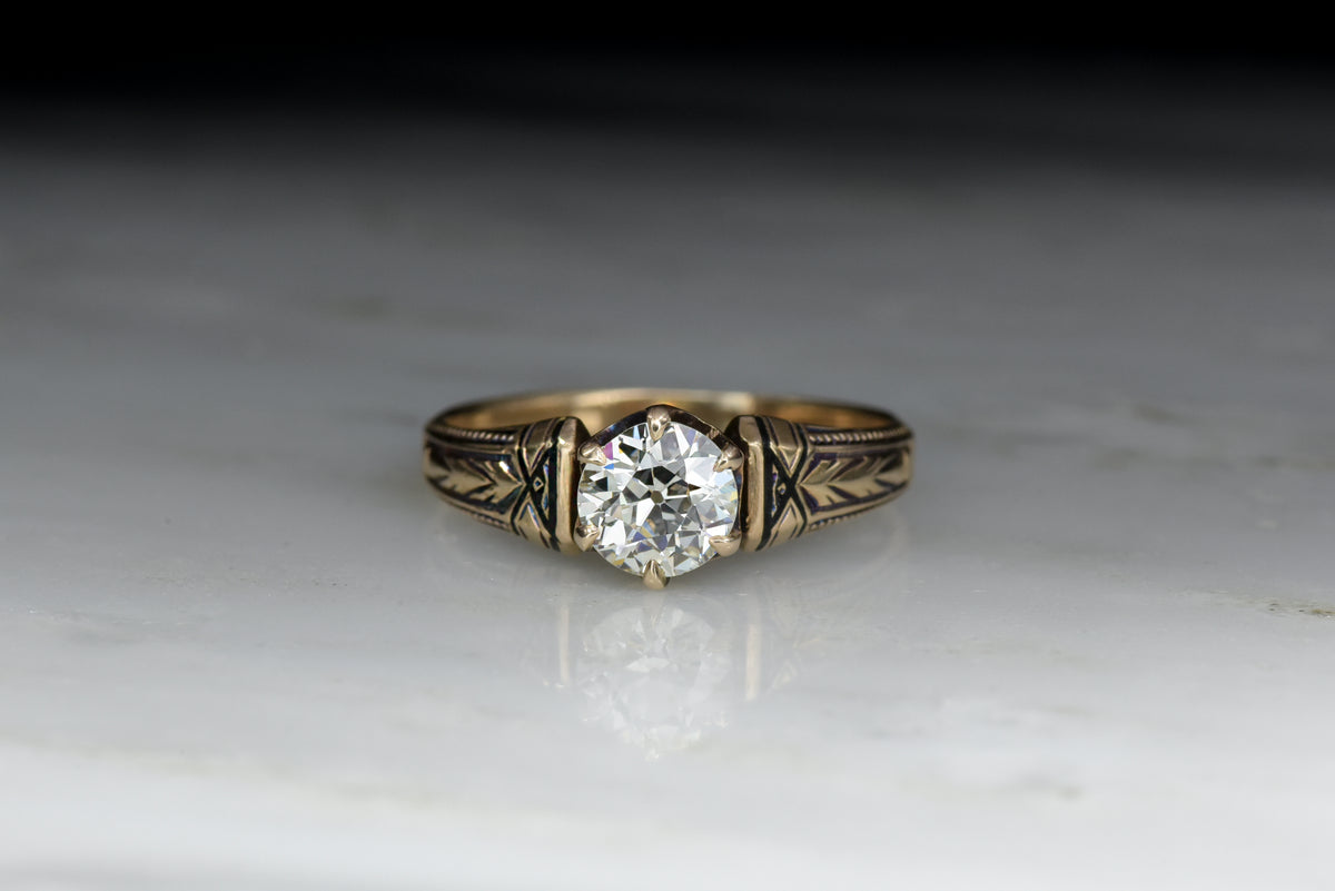 Antique Victorian Gold and Black Enamel Solitaire Engagement Ring