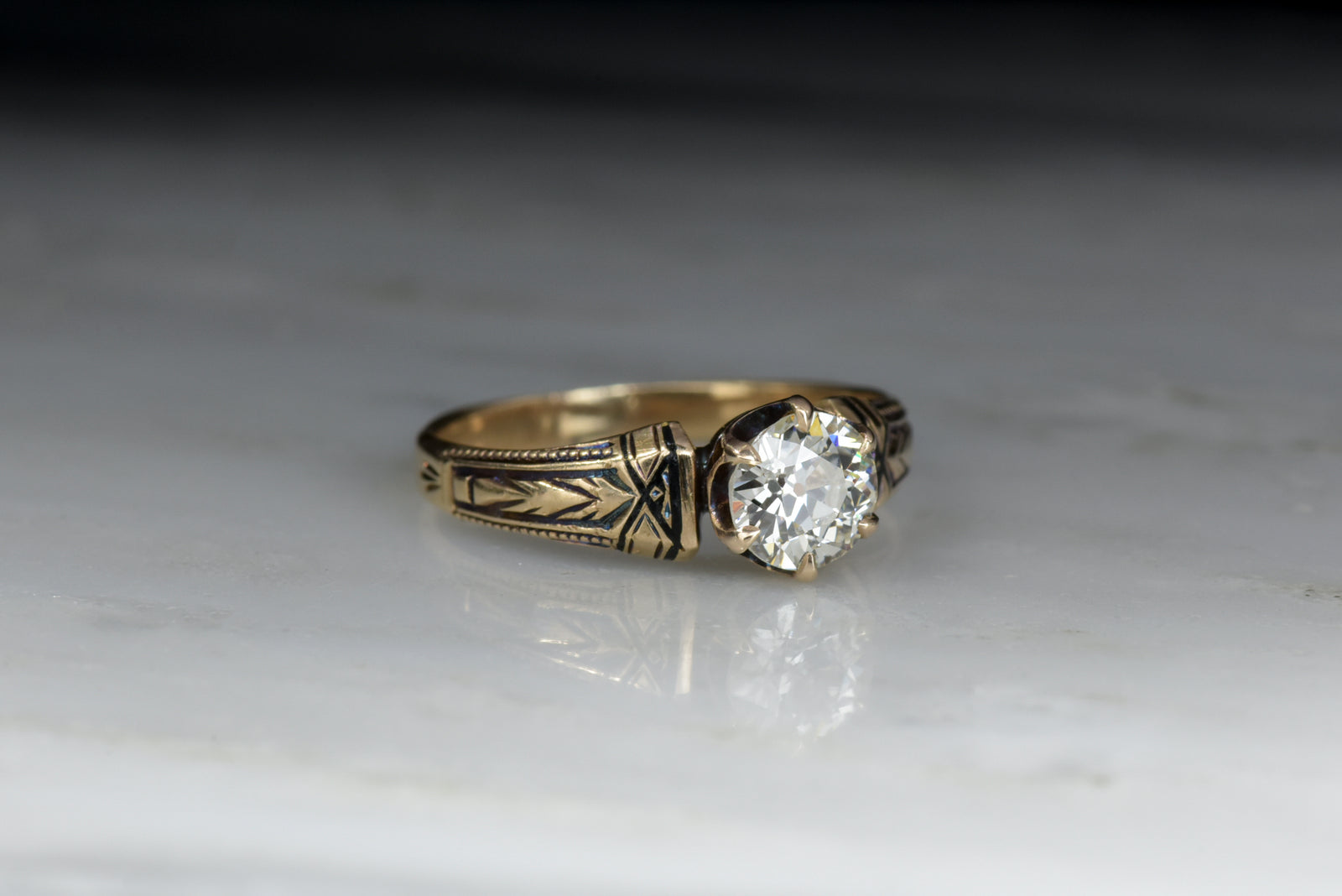 Antique Victorian Gold and Black Enamel Solitaire Engagement Ring