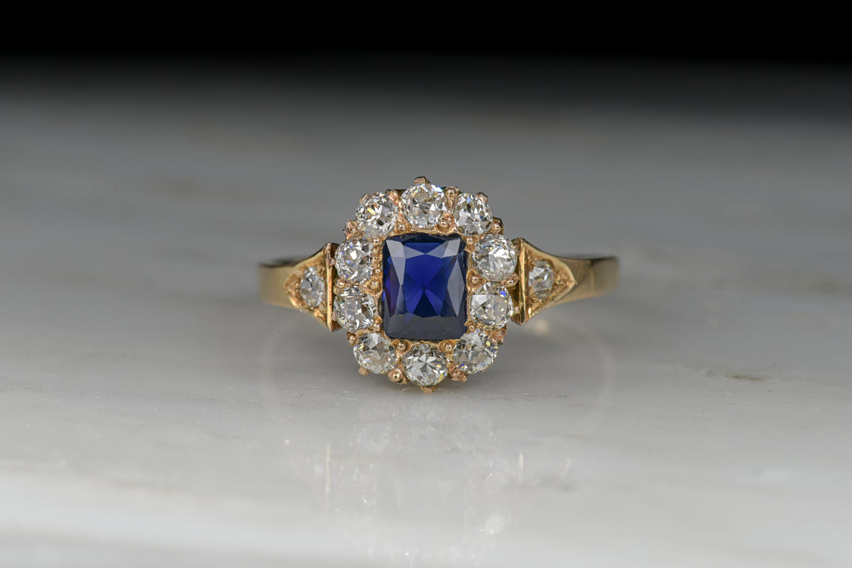 Victorian Rectangular Cut Sapphire and Old Mine Cut Diamond Cluster/Halo Ring