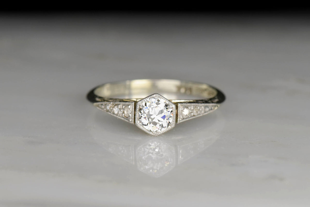 c. 1930s Hexagonal Basket Engagement Ring with Engraved Cathedral Shoulders