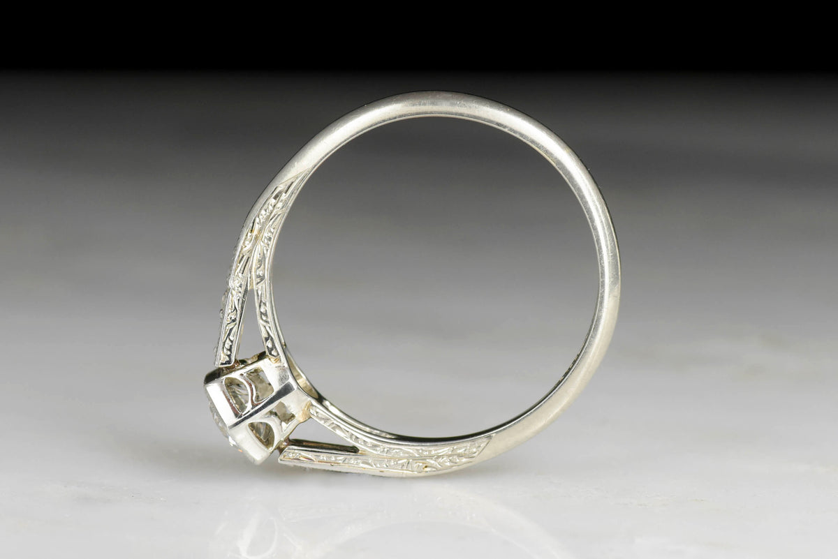 c. 1930s Hexagonal Basket Engagement Ring with Engraved Cathedral Shoulders