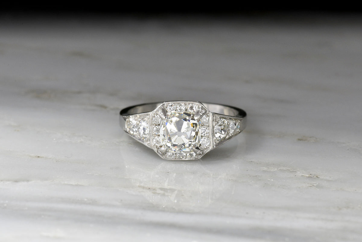 Vintage French Art Deco Engagement Ring with a 1.51 Carat Old Mine Cut Diamond Center