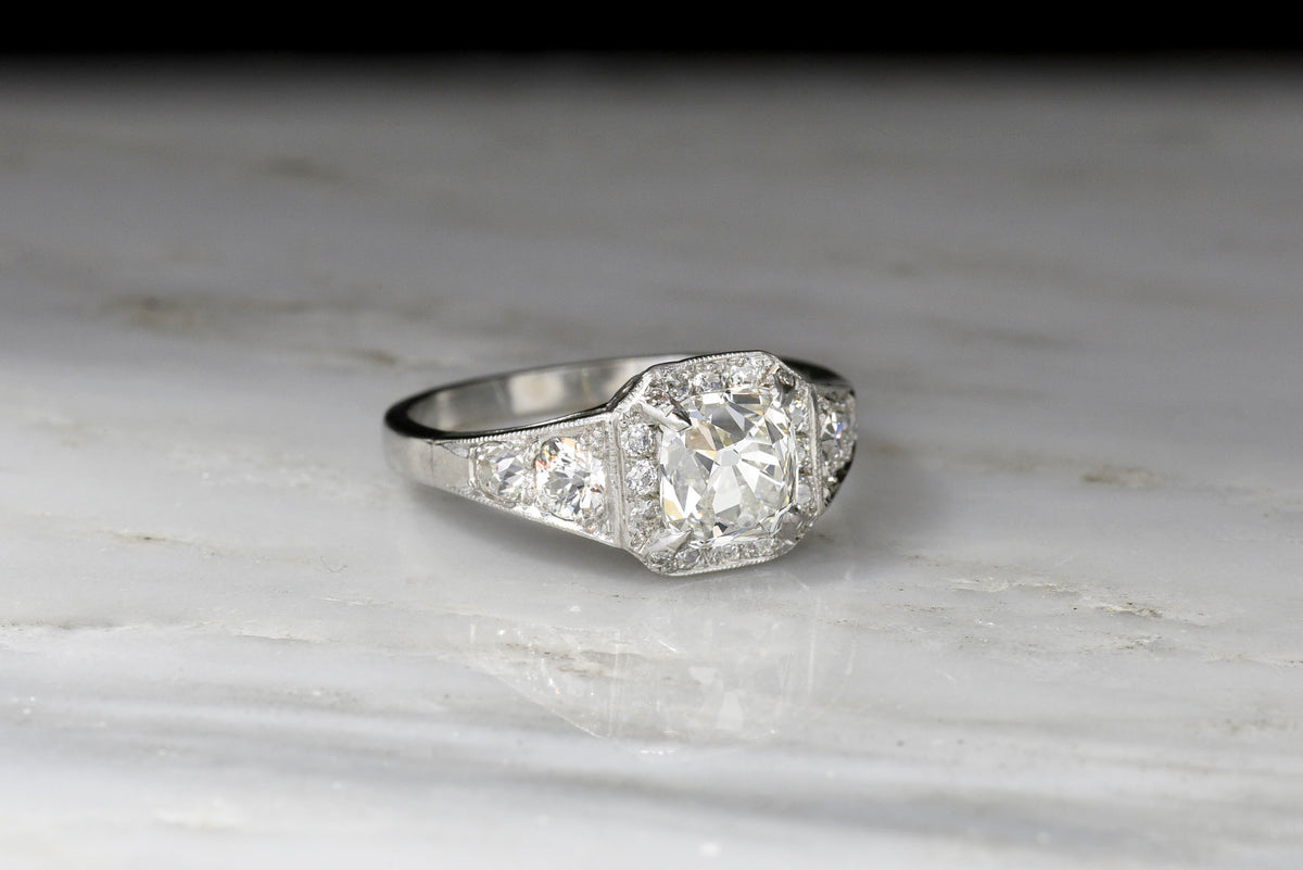Vintage French Art Deco Engagement Ring with a 1.51 Carat Old Mine Cut Diamond Center