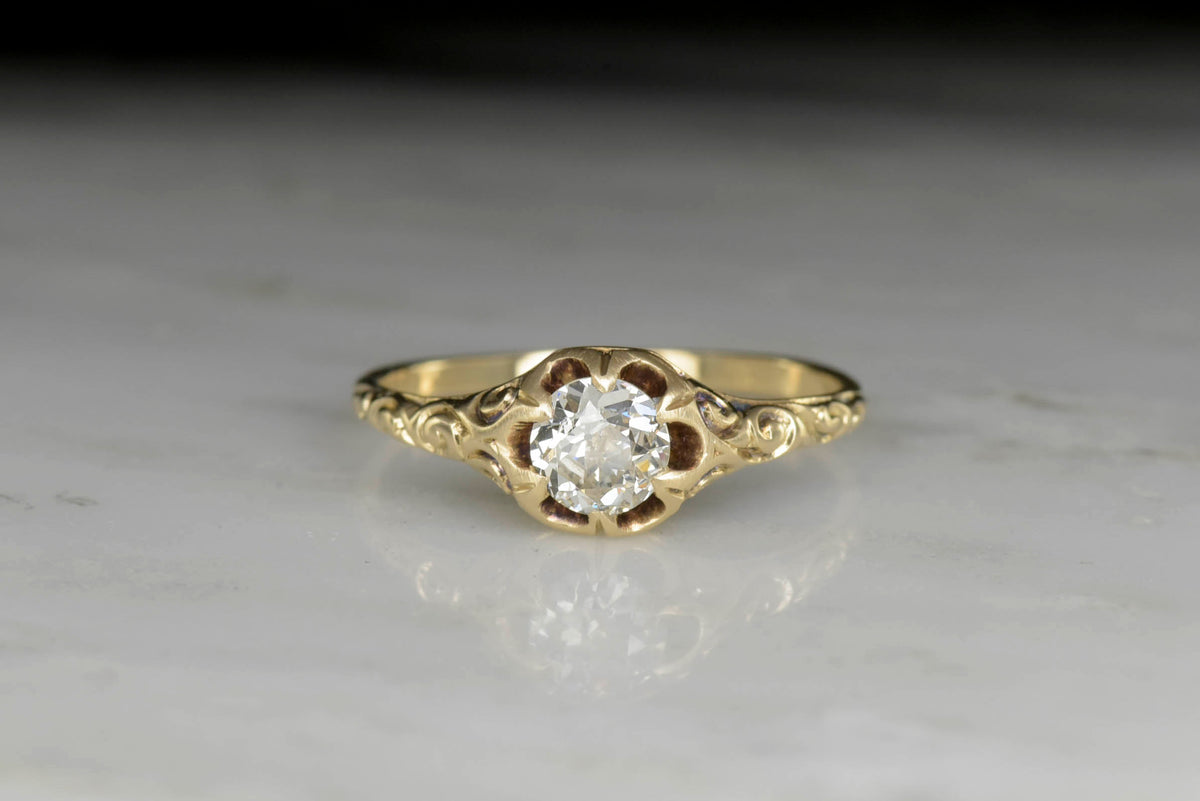 Low-Profile Engraved Diamond Engagement Ring