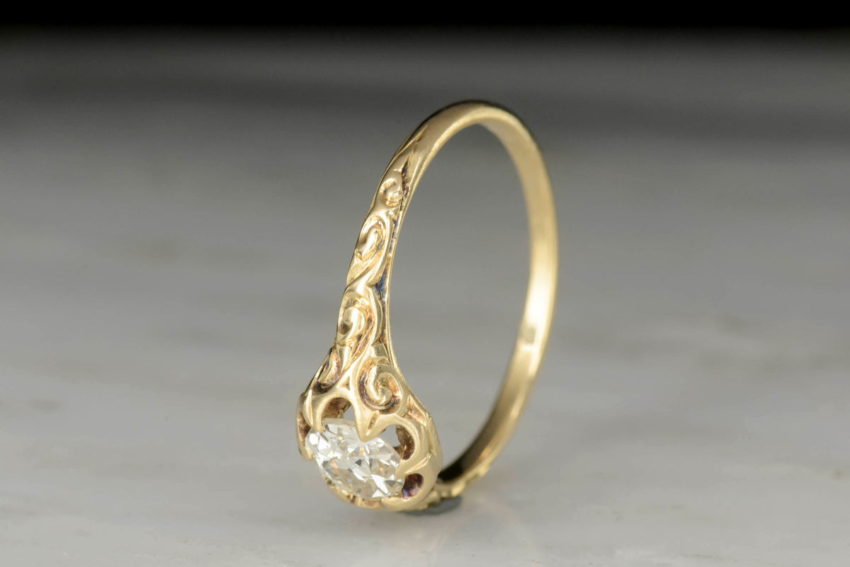 Low-Profile Engraved Diamond Engagement Ring