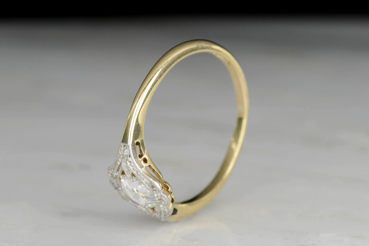 Belle Époque Gold and Platinum Ring with a Rose Cut Diamond Center