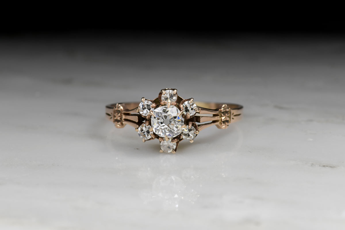 Antique Victorian Old Mine Cut Diamond Cluster Engagement Ring with Split Tripartite Shank