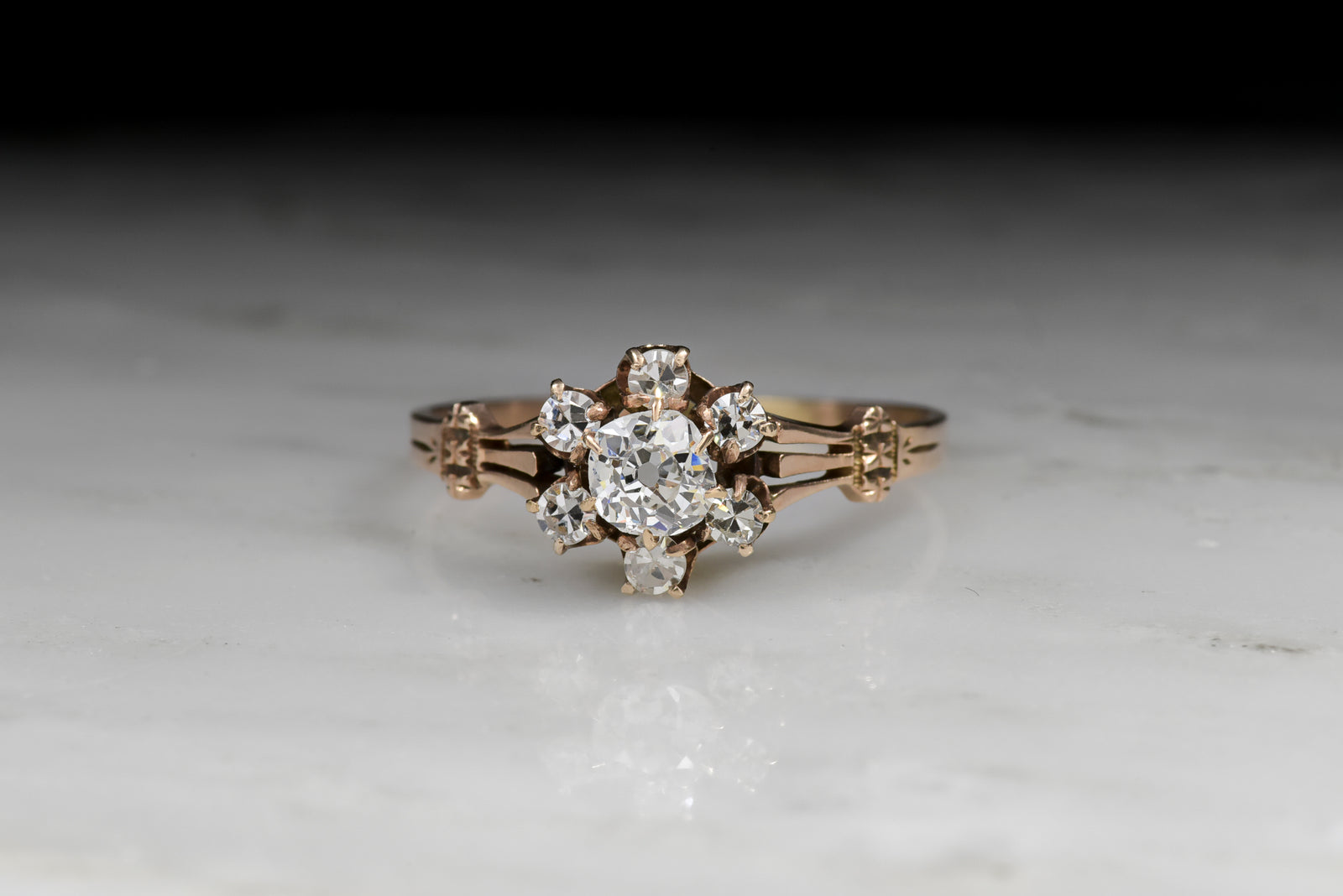 Antique Victorian Old Mine Cut Diamond Cluster Engagement Ring with Split Tripartite Shank