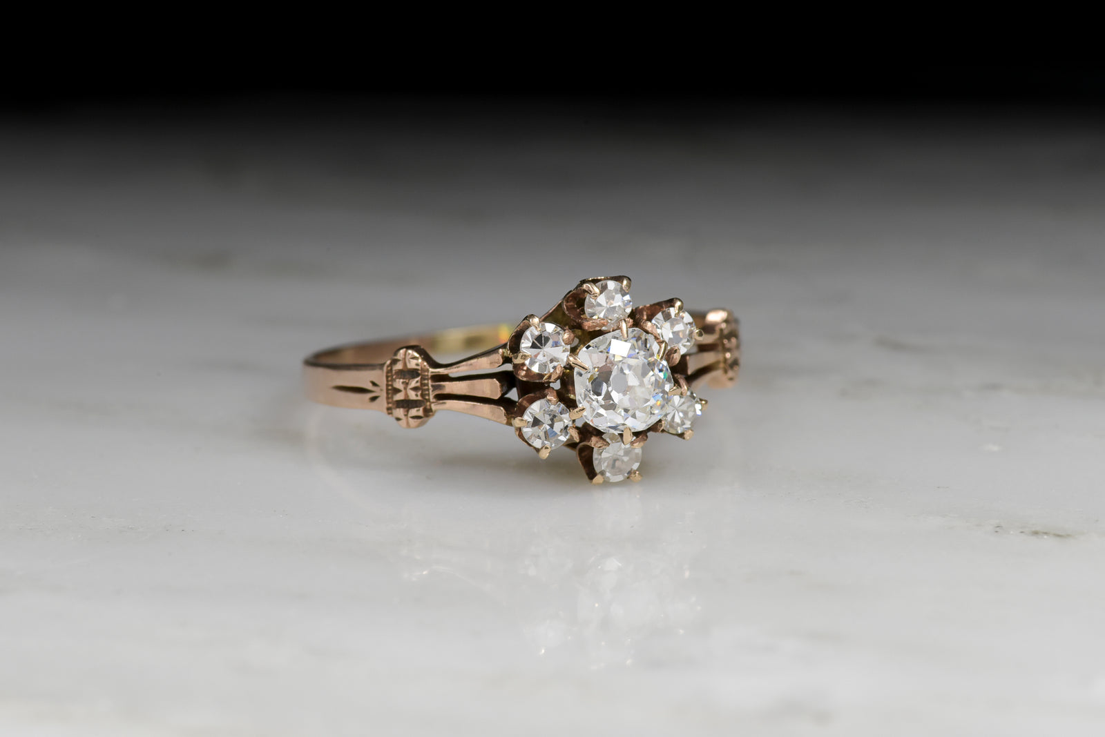 Antique Victorian Old Mine Cut Diamond Cluster Engagement Ring with Split Tripartite Shank