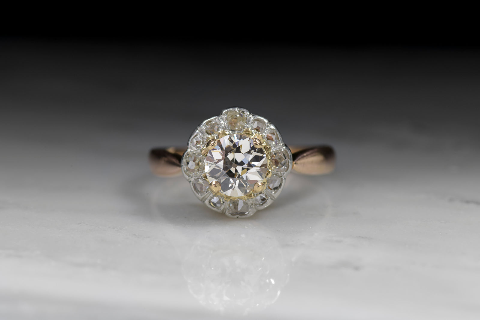 Antique Victorian Old European Cut Diamond Engagement Ring with Rose Cut Diamond Halo