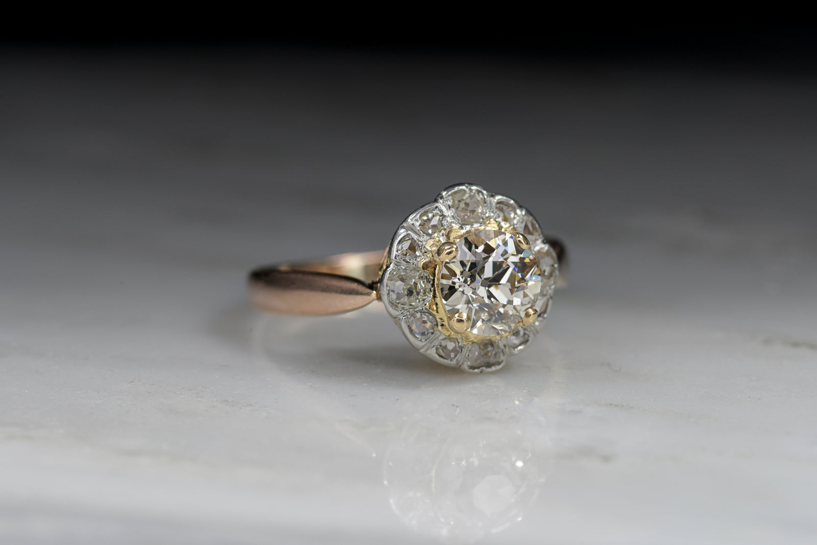 Antique Victorian Old European Cut Diamond Engagement Ring with Rose Cut Diamond Halo