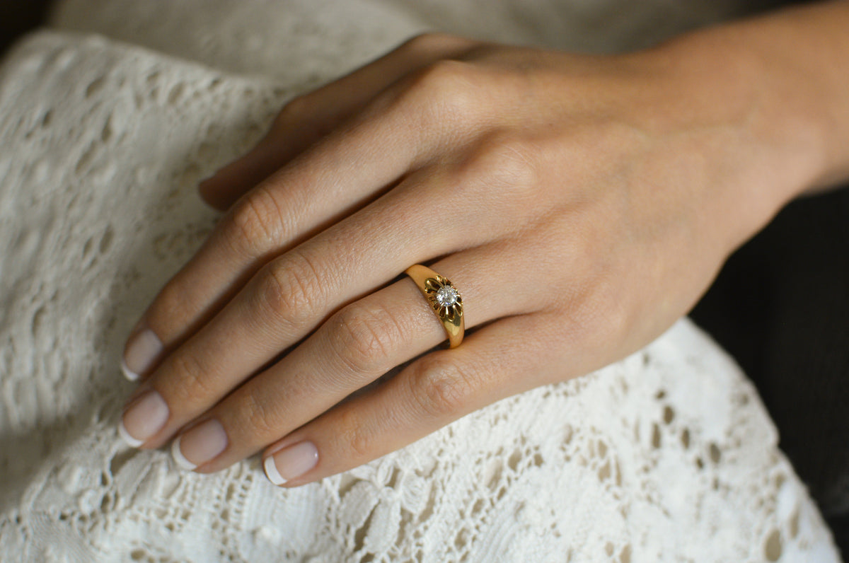 Antique 1893 Victorian Rose-Yellow Gold Engagement Ring with a Round Old Mine Cut Diamond in a Belcher Setting