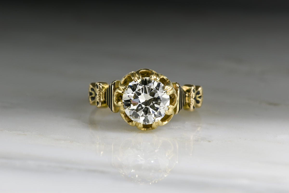 Antique Victorian Engagement Ring with 1.35 Carat Old European Cut Diamond Center in 18K Gold with Black Enamel