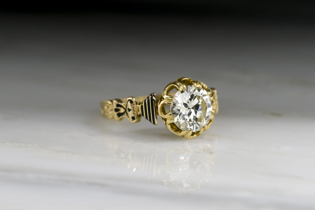 Antique Victorian Engagement Ring with 1.35 Carat Old European Cut Diamond Center in 18K Gold with Black Enamel