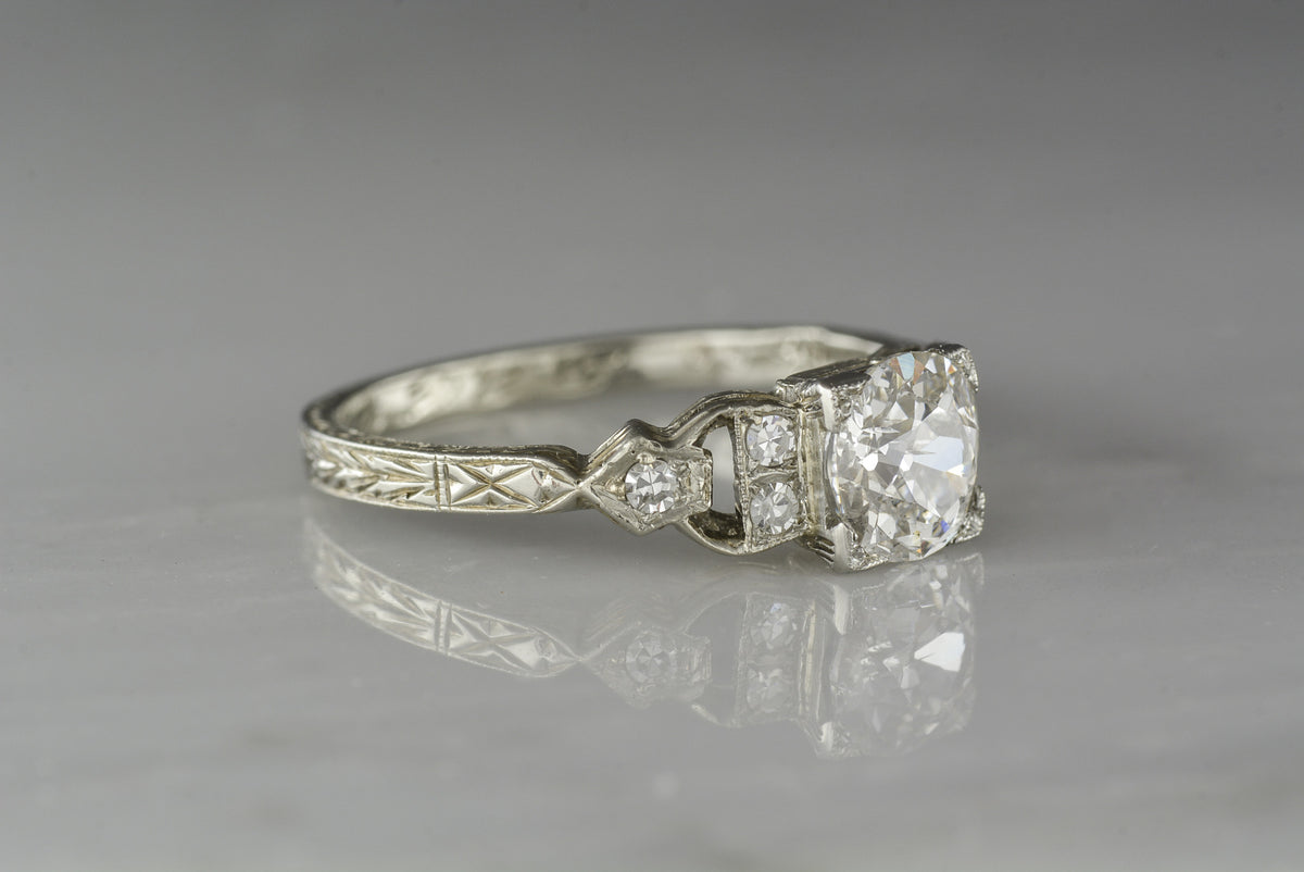 Hand-Engraved Antique Late-Edwardian 18K White Gold Engagement Ring with .92 Carat Old European Cut Diamond