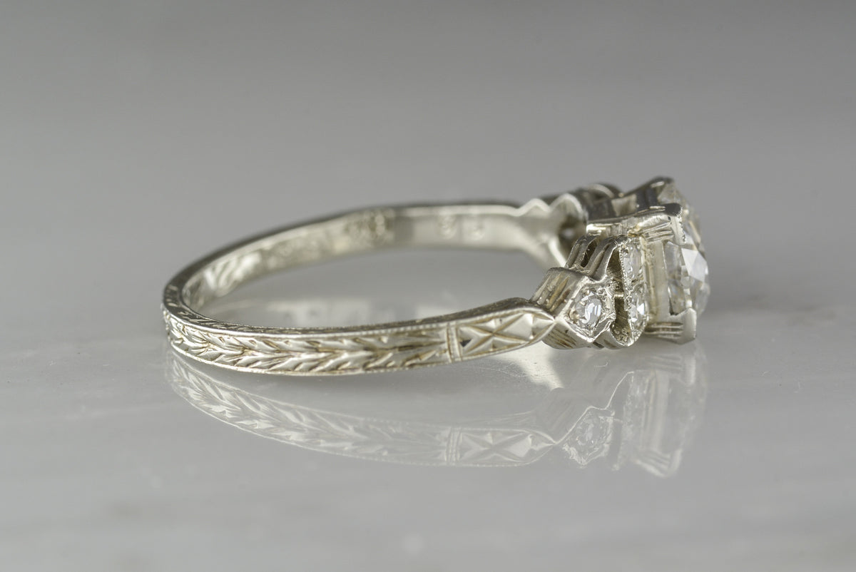 Hand-Engraved Antique Late-Edwardian 18K White Gold Engagement Ring with .92 Carat Old European Cut Diamond