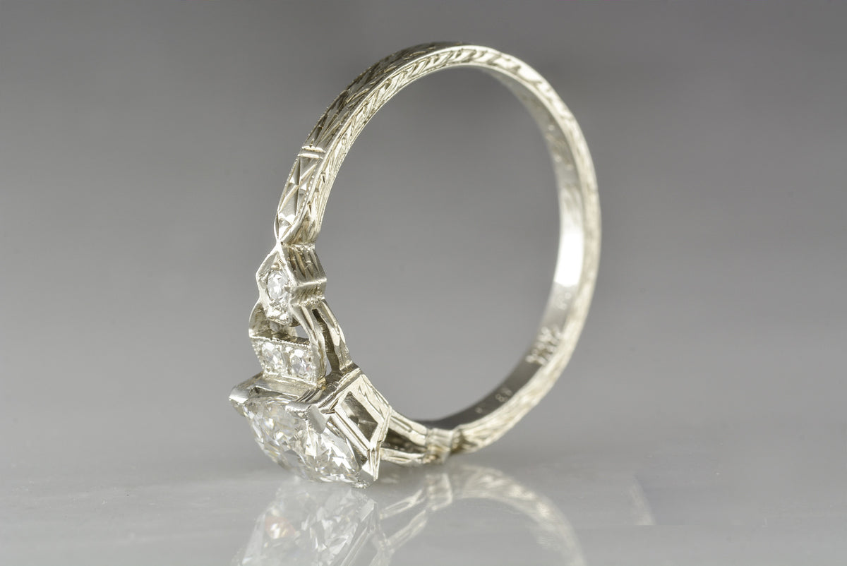 Hand-Engraved Antique Late-Edwardian 18K White Gold Engagement Ring with .92 Carat Old European Cut Diamond