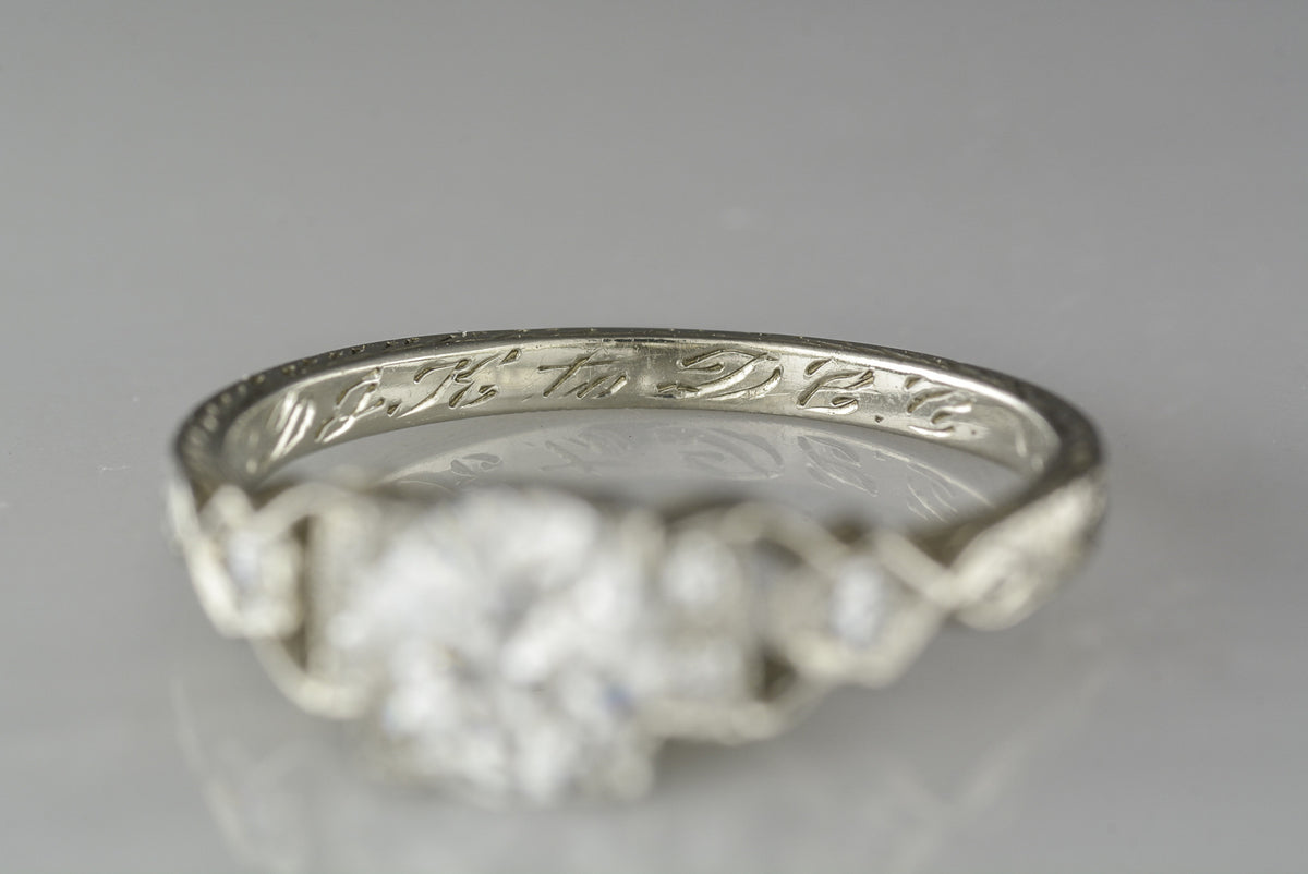 Hand-Engraved Antique Late-Edwardian 18K White Gold Engagement Ring with .92 Carat Old European Cut Diamond