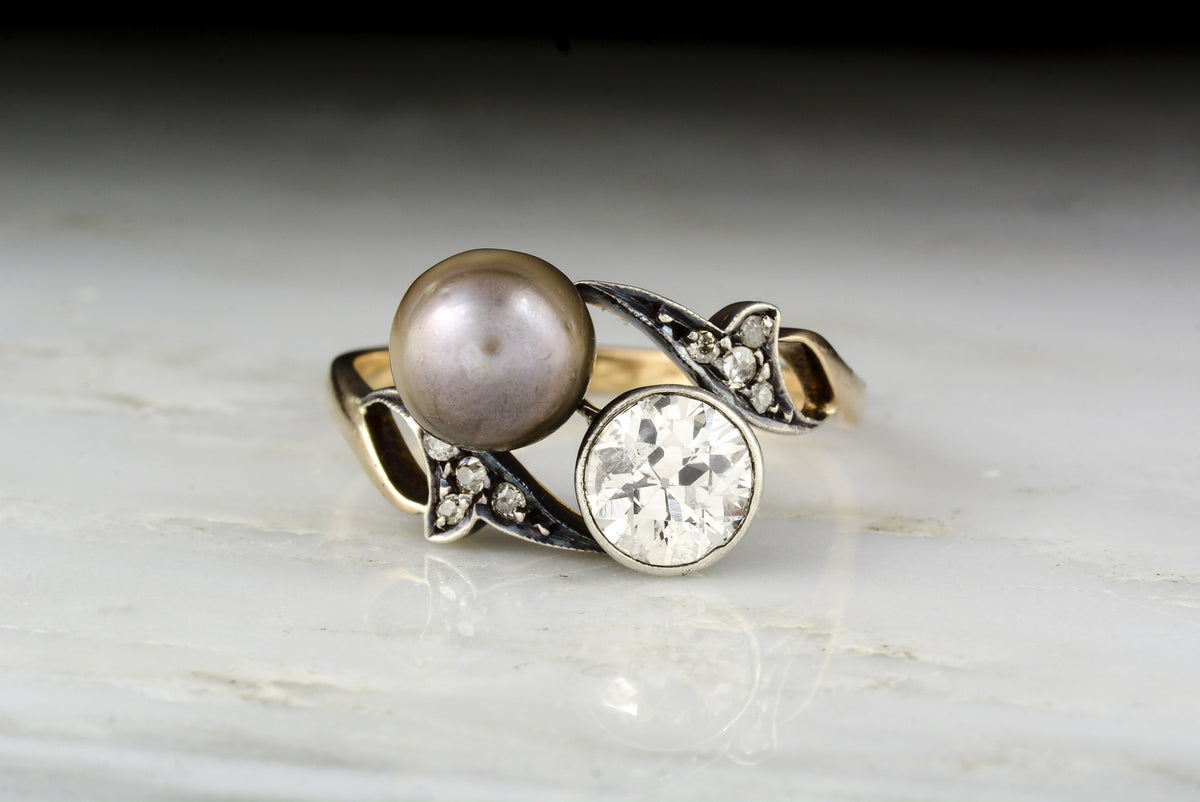 Antique Art Nouveau, Victorian Sun and Moon Old European Cut Diamond and Pearl Anniversary or Fashion Ring