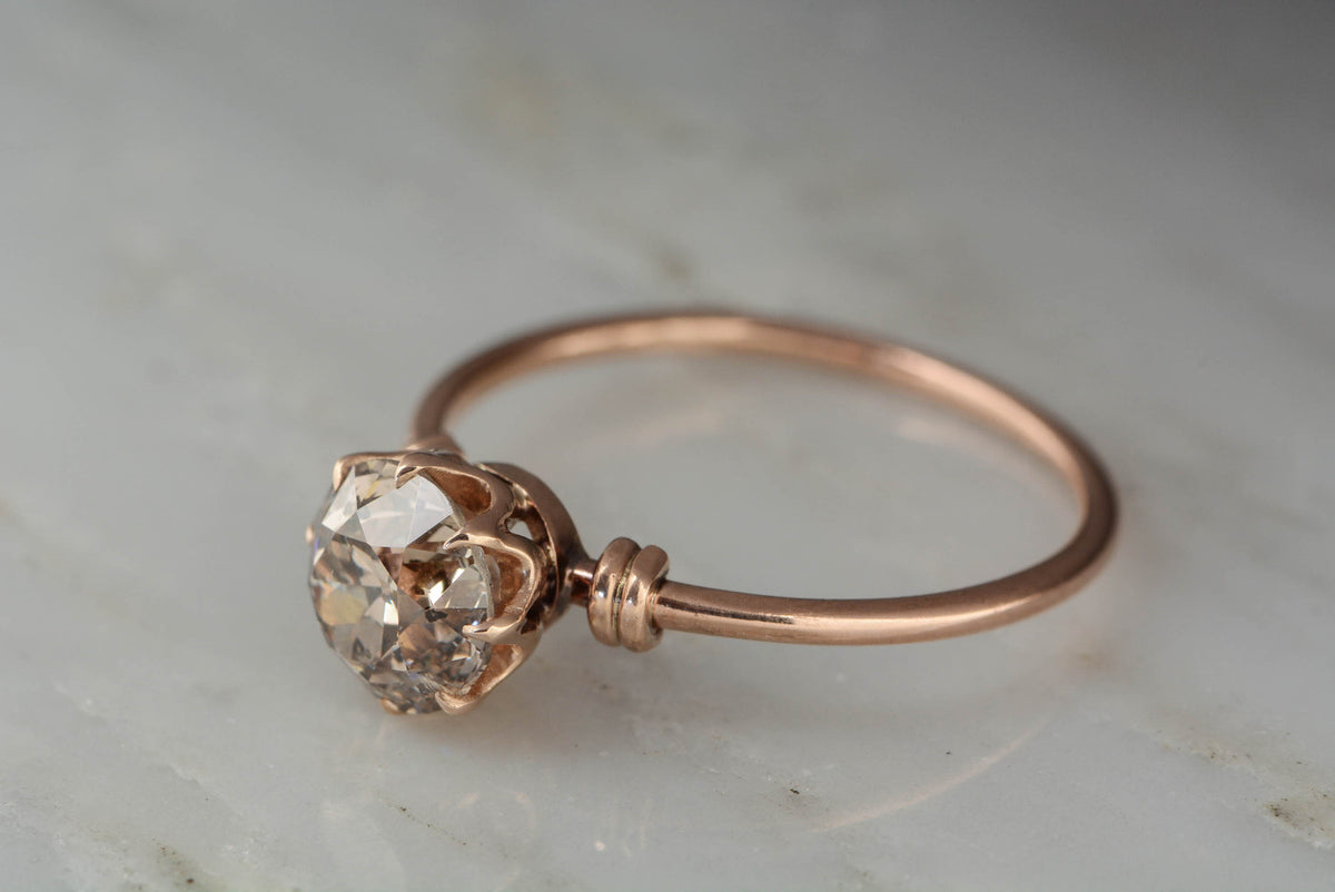 1.60 ct Fancy Light Brown Transitional Old Mine Cut Diamond in Victorian Rose Gold Setting