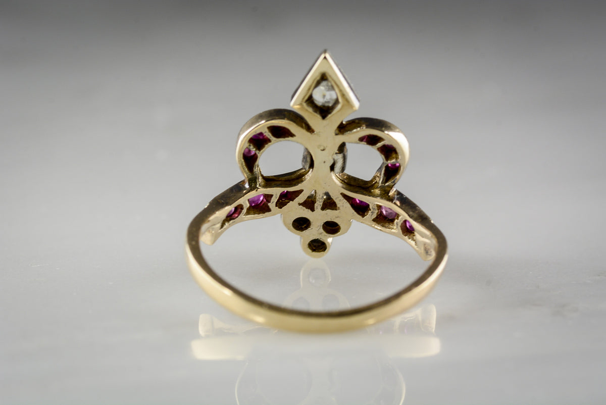 c. 1880s Victorian Gold, Silver, Diamond, and Ruby Fleur-Des-Lis Ring